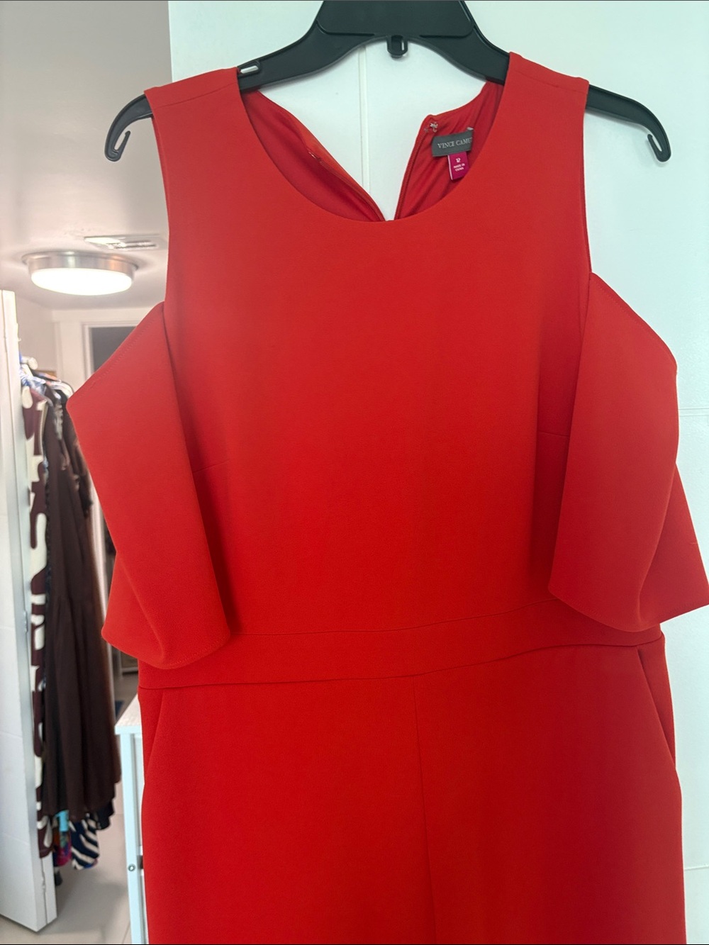 Vince Camuto Red One-Shoulder Jumpsuit with Draped Sleeve Detail